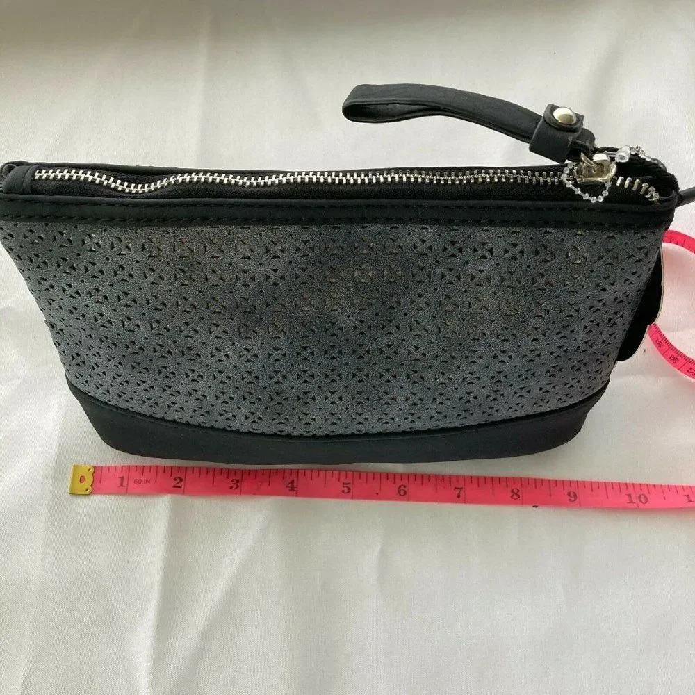 NWT Emperia Gray Faux Suede Clutch Makeup Bag | Silver Black Zip Pouch Organizer
